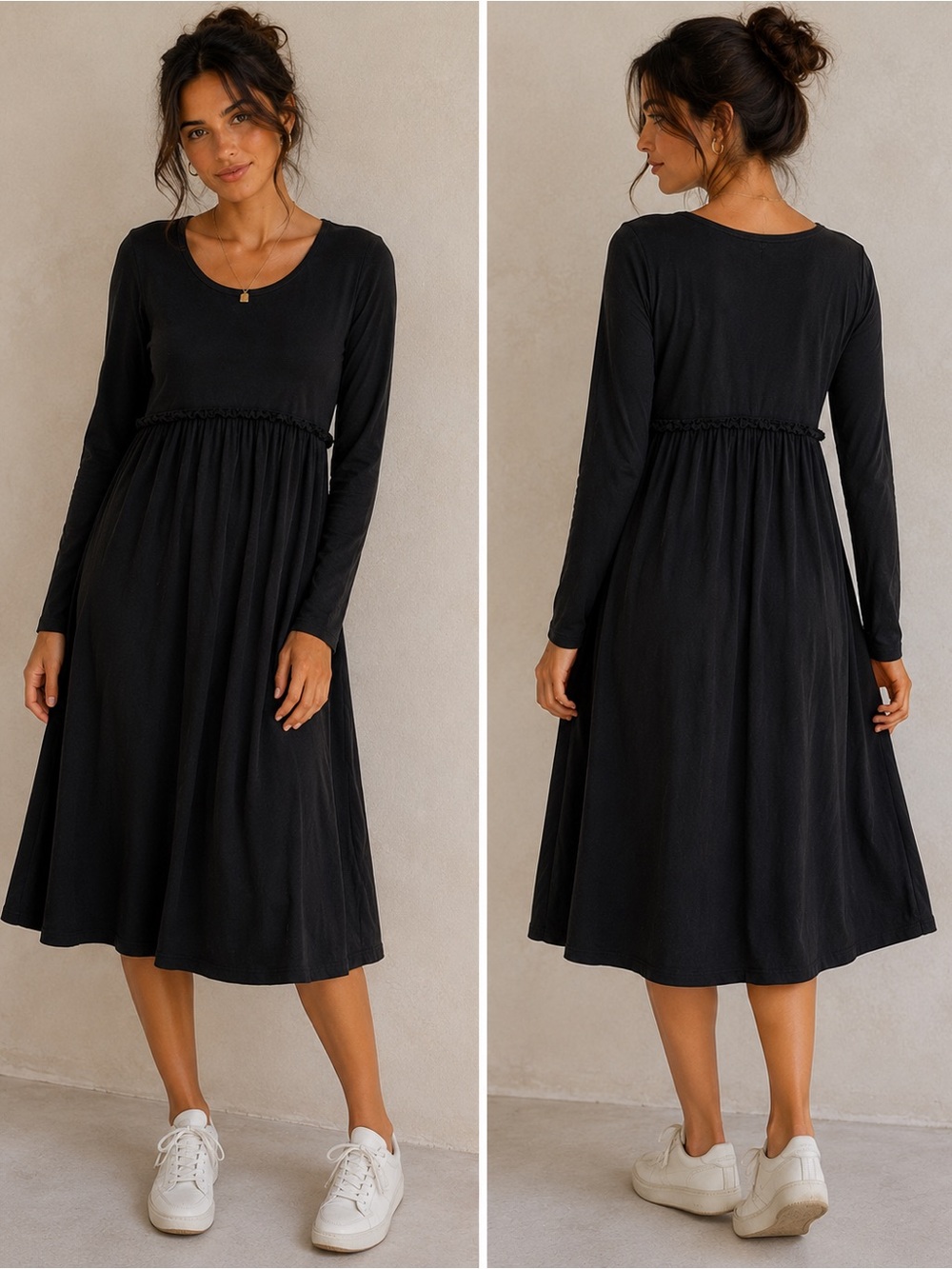 Soft Flowy Black Long-Sleeve Maxi Midi Pocket Dress